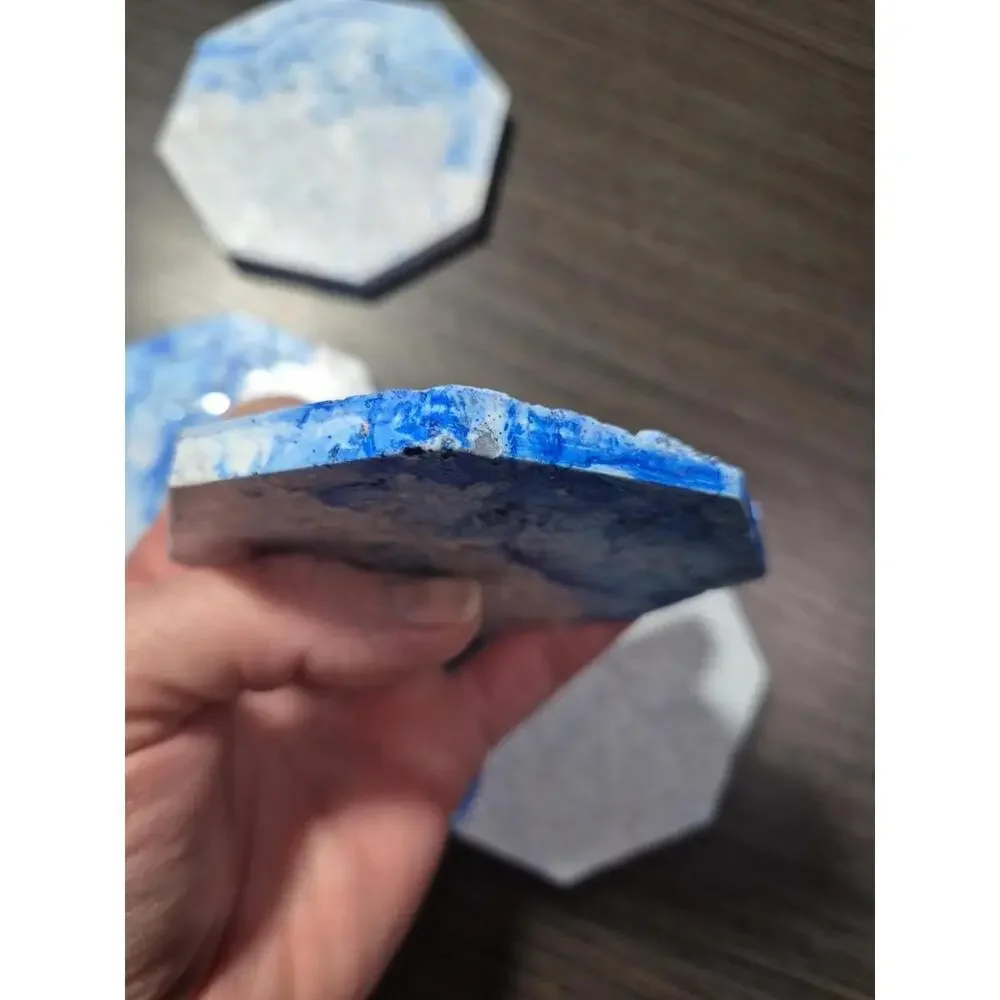 4 White/Blue/Gray Marbled Eco Resin Stone Look Hexagon Coasters 3 5/8” Handmade